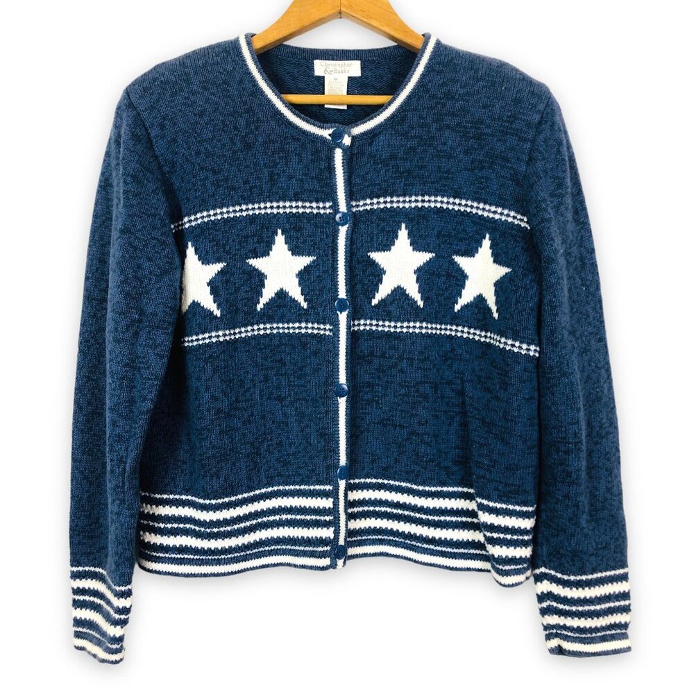 Vtg Christopher & Banks Knit Cardigan Sweater Sz Medium Stars Stripes Blue White